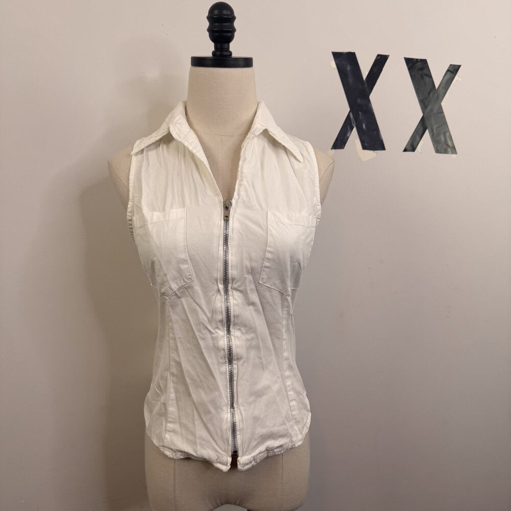 Vintage 90s White Full Zip Collared Sleeveless Fitted Cotton Top L